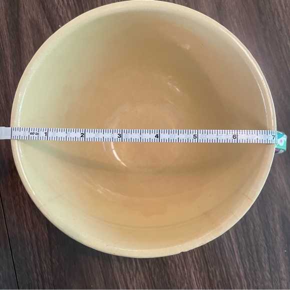 SOLD Watt Pottery Yellow Ware Pink & Blue Band #7 Mixing Bowl Hairline Cracks - Picture 11 of 13